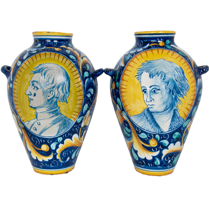 Pair Antique 18thC Italian Majolica Pottery Portrait Vases Apothecary Jars 1700