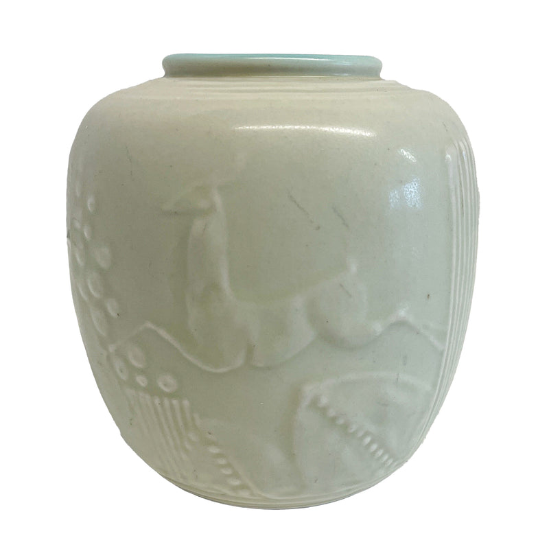Antique American Art Deco Rookwood Pottery Cream Color Leaping Gazelle Vase 1934