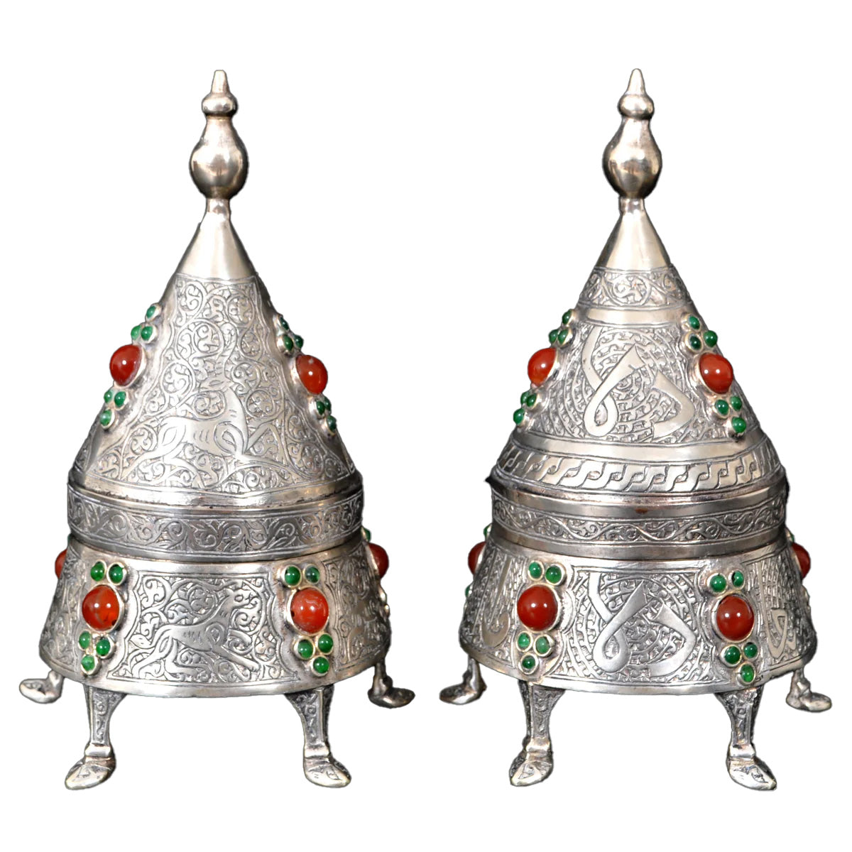 Pair of Antique Islamic Qajar Period Ottoman Persian Silver & Carnelian Boxes 1880