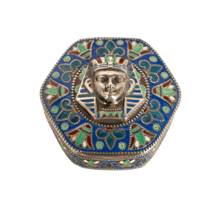 Antique Art Deco King Tut Egyptian Revival Silver Gilt Enamel Cloisonne Box 1925
