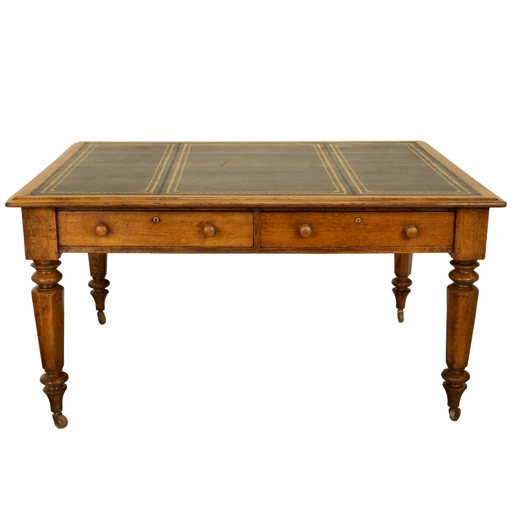 Antique English Oak & Leather Top Double-Sided Library Table Partner's Desk 1860