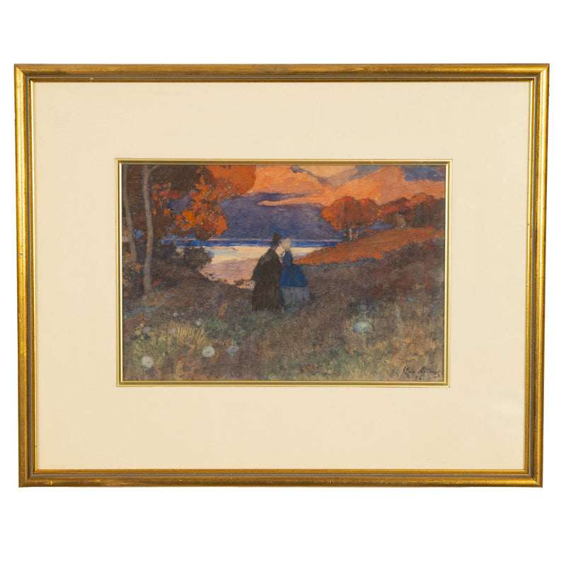 Antique Russian French Impressionist Watercolor Gouache Painting Romantic Couple by Pyotr Alexandrovich Nilus 1926