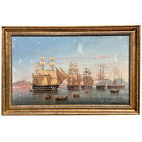 Antique Maritime Ships Oil Painting "British Fleet Bay of Naples"  by Tommaso De Simone, 1860