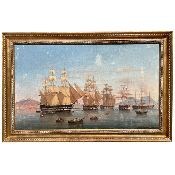 Antique Maritime Ships Oil Painting "British Fleet Bay of Naples"  by Tommaso De Simone, 1860