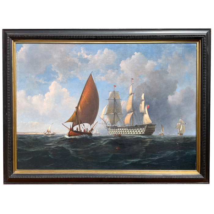 Antique 19th Century Maritime Seascape War Ship Oil Painting HMS Britannia by Robert Strickland Thomas, 1835