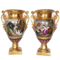 Pair Antique French Paris Porcelain Hand-painted Dog Vases by Darte Frères 1810