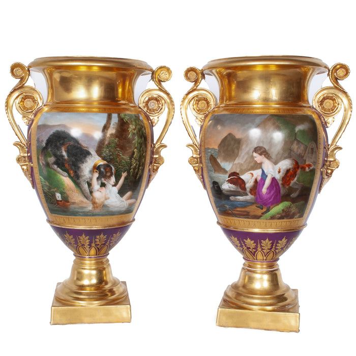 Pair Antique French Paris Porcelain Hand-painted Dog Vases by Darte Frères 1810