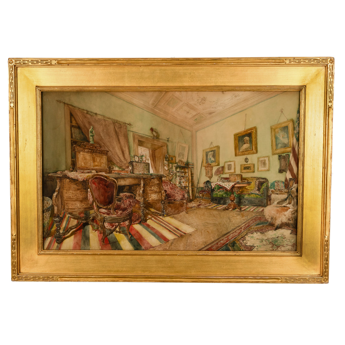 Fine Antique 19th Century Italian Watercolor Roman Interior Scene Painting by Daniele Bucciarelli  1880