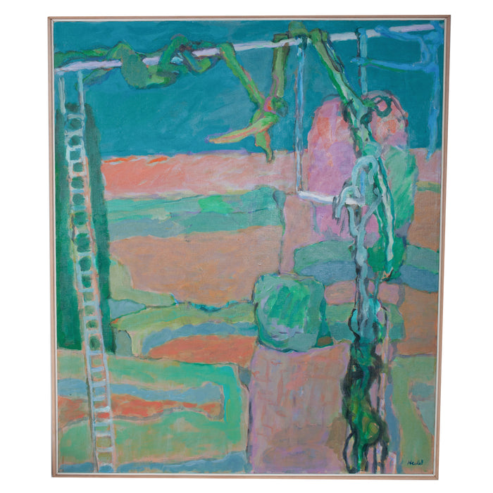 Large American NW Abstract Expressionist painting Circus "Wire Performance" by Fredrick Heidel, 1993