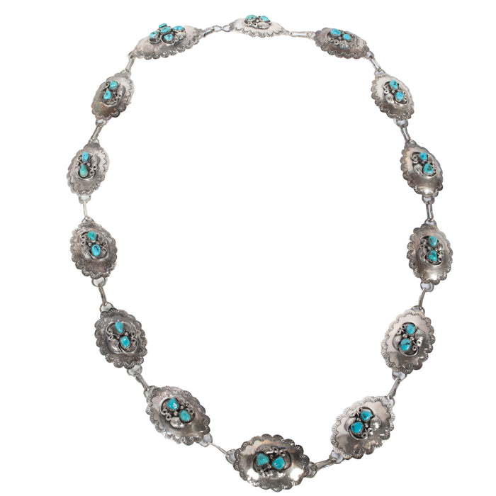 Vintage Native American Navajo Sterling Silver & Blue Turquoise Concho Belt 1950