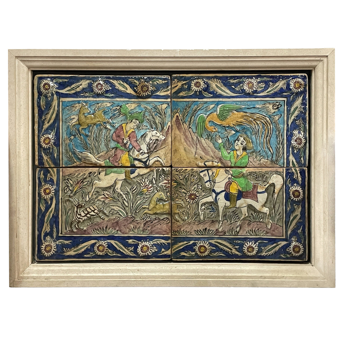 Antique Persian Qajar Iznik Mosaic Tile Panel Group Horseback Hunting Scene 1880
