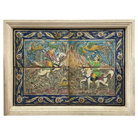 Antique Persian Qajar Iznik Mosaic Tile Panel Group Horseback Hunting Scene 1880