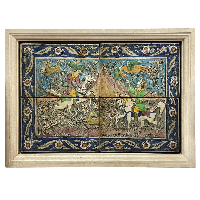 Antique Persian Qajar Iznik Mosaic Tile Panel Group Horseback Hunting Scene 1880