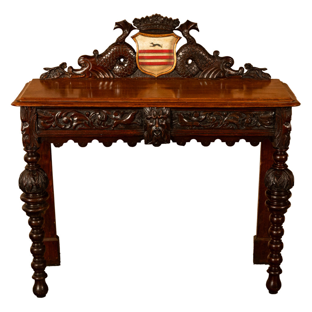 Antique Carved Oak Hall Table Skipworth Family Painted Royal Coat of Arms 1860