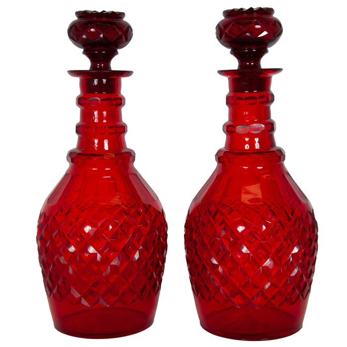 Antique Austrian Bohemian Red Cut Glass Wine Liquor Decanters & Stoppers 1880