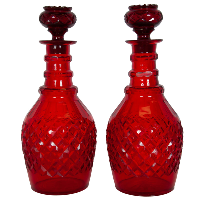 Antique Austrian Bohemian Red Cut Glass Wine Liquor Decanters & Stoppers 1880