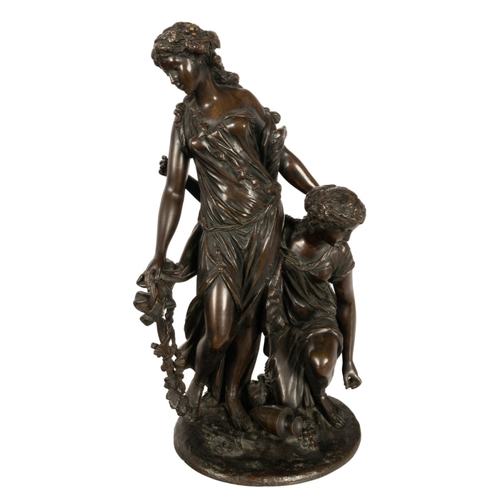 Antique French Neoclassical Rococo Bronze Figural Group of Wine Bacchantes by Clodion 1762