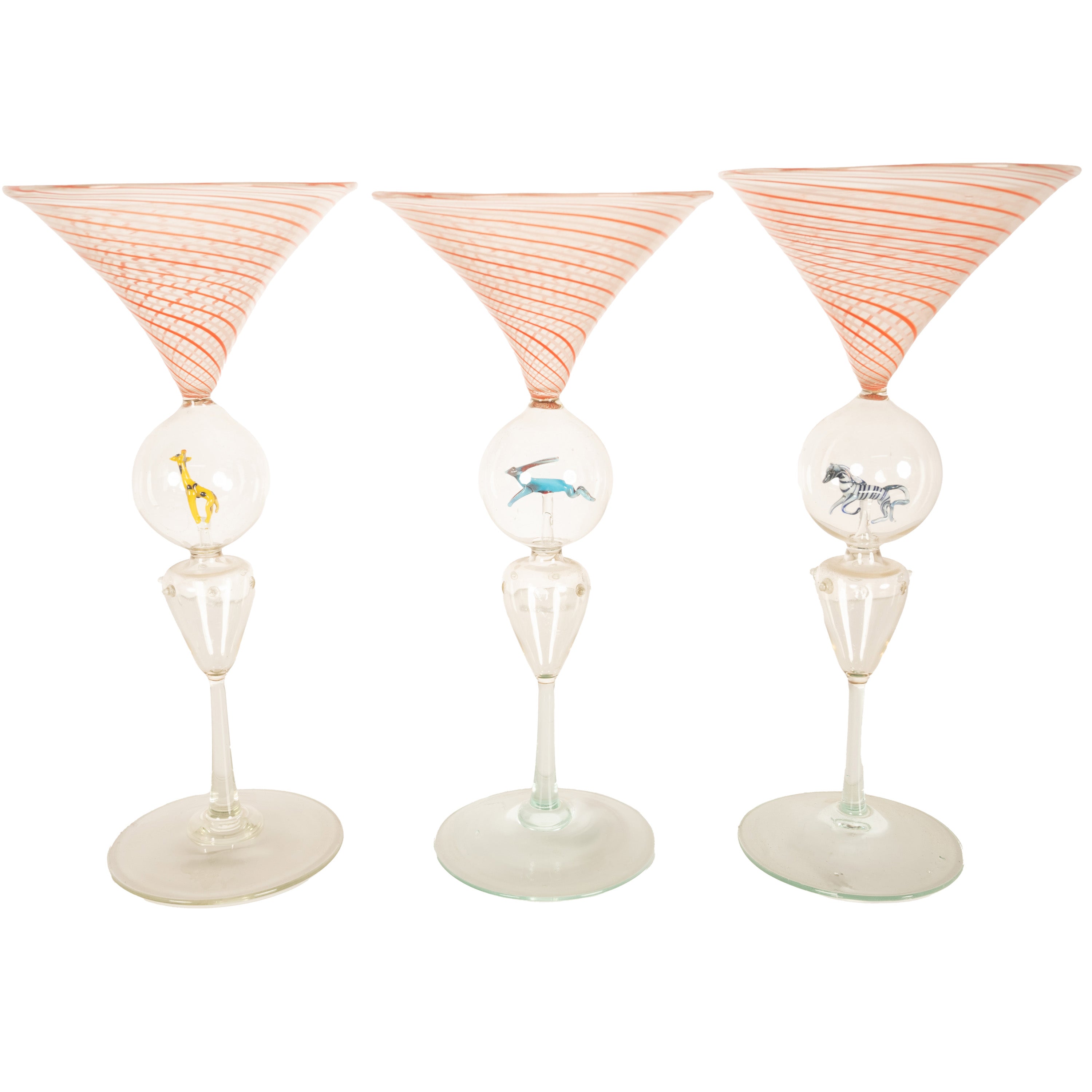 オーストリアアンティークビミニカクテルグラス Antique Set 3 Handblown Martini Glasses Animals Bimini Werkstätte