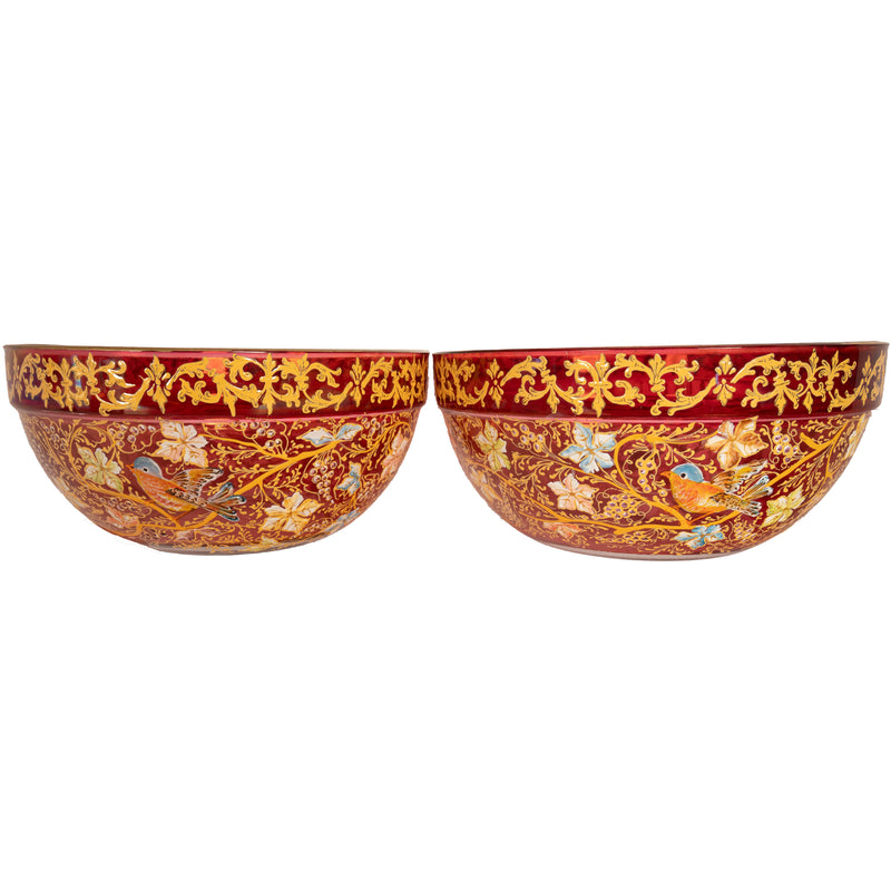 Pair Antique Red Art Glass Enamel Islamic Market Bowls French or Bohemian 1900