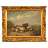 19th Century Belgian Realist Pastoral Oil Canvas Landscape Painting Ram Sheep & Goat
