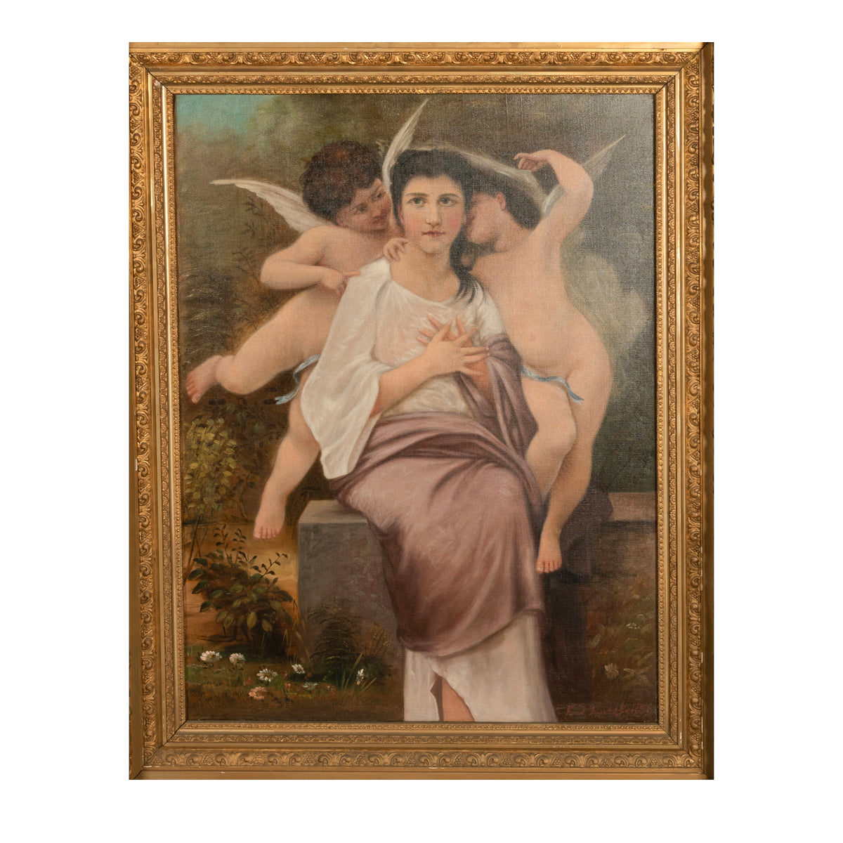 Large Antique French 19th Century Oil Canvas Painting "Hearts Awakening" Cherubs by William-Adolphe Bouguereau, 1892