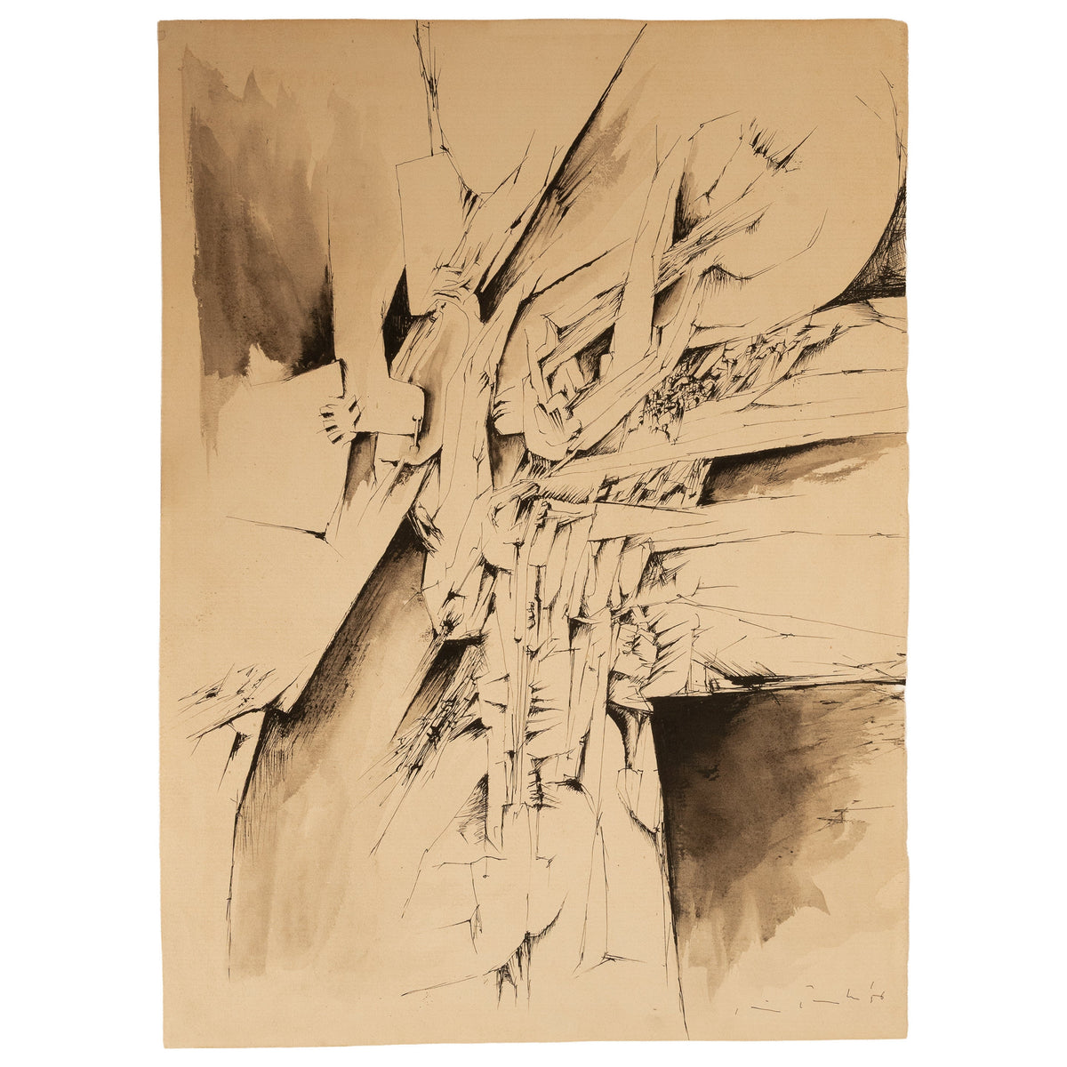 Italian Mid Century Abstract Modernist Ink & Watercolor Painting "Fragmentation"by Gio Pomodoro, 1956