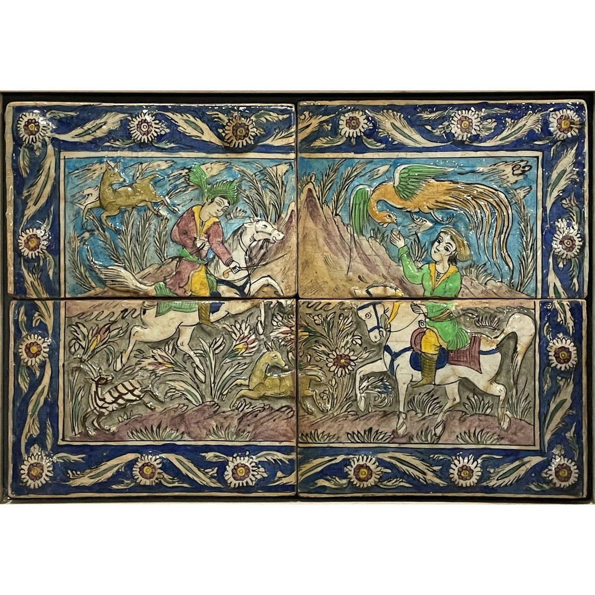 Antique Persian Qajar Iznik Mosaic Tile Panel Group Horseback Hunting Scene 1880