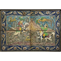 Antique Persian Qajar Iznik Mosaic Tile Panel Group Horseback Hunting Scene 1880