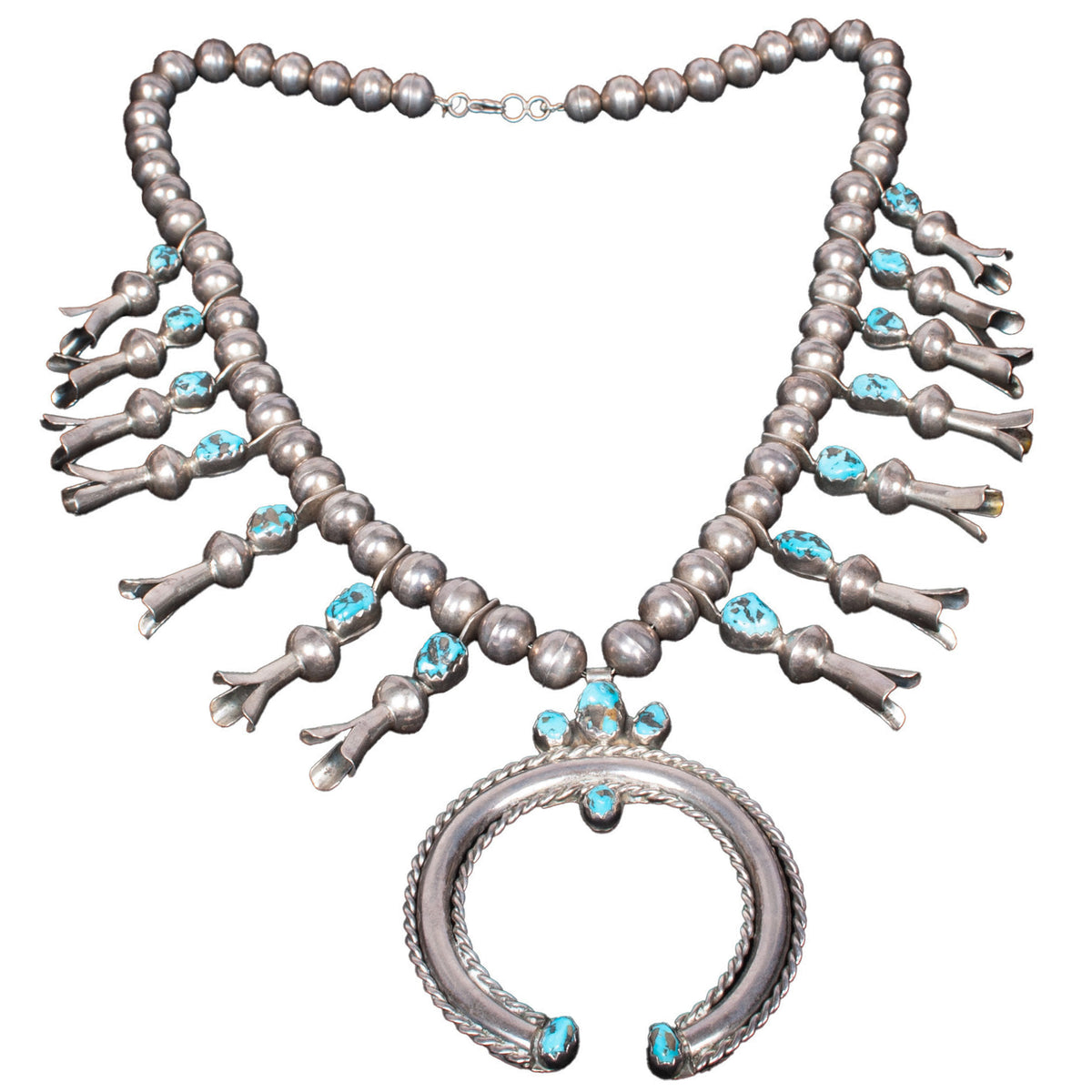 Antique Native American Navajo Sterling Silver Turquoise Squash Blossom Necklace