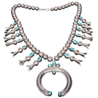 Antique Native American Navajo Sterling Silver Turquoise Squash Blossom Necklace
