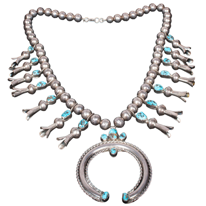 Antique Native American Navajo Sterling Silver Turquoise Squash Blossom Necklace