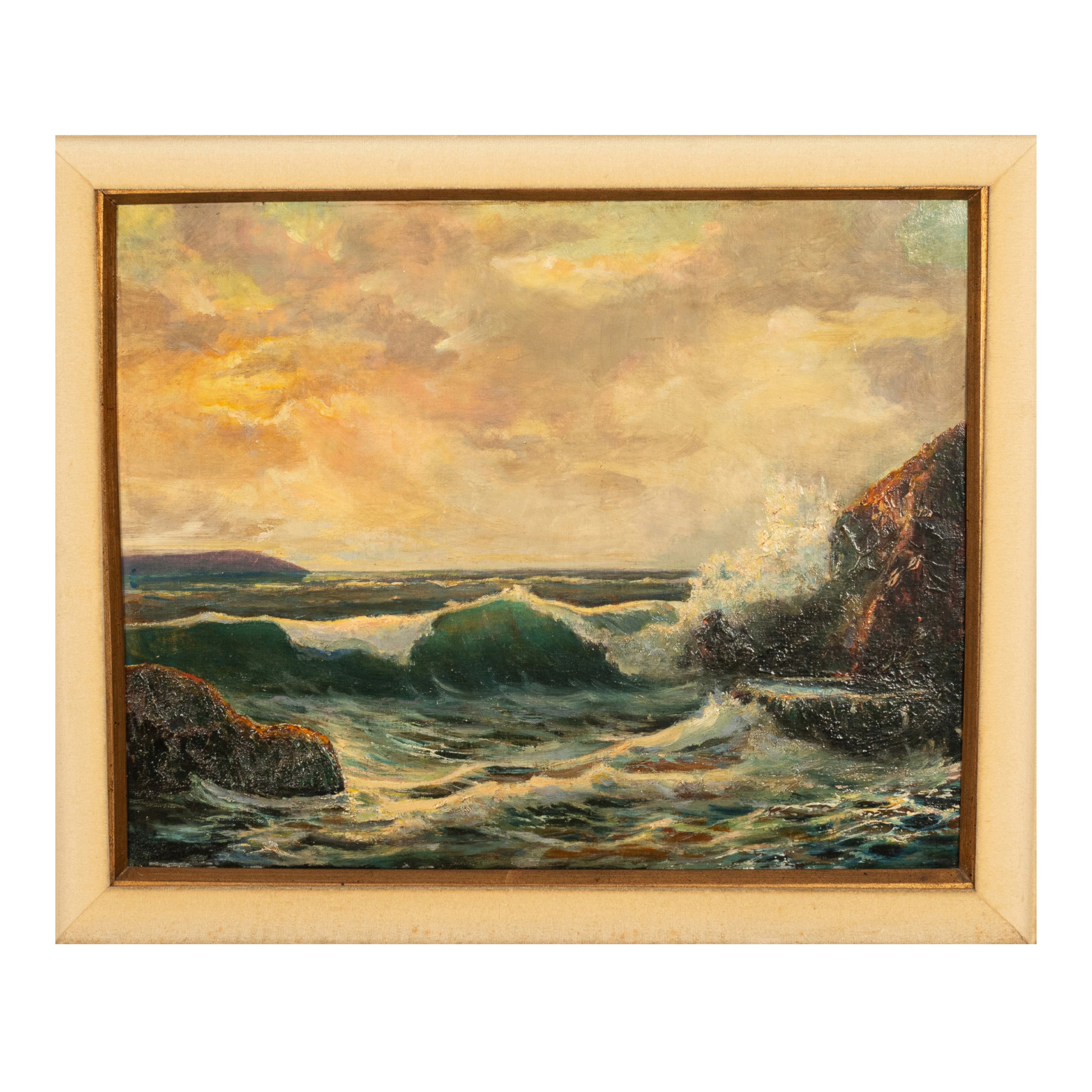 Antique American Marine Seascape Oil Painting Crashing Surf
