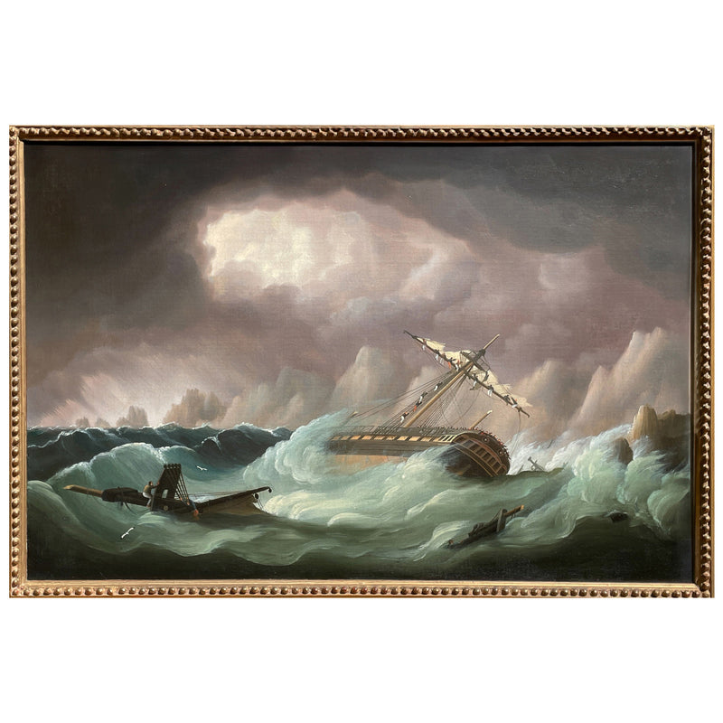 Antique Marine Naval Ships Oil Painting French Frigate After Battle of Trafalgar by Thomas Buttersworth, 1805