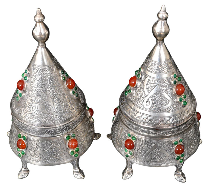 Pair of Antique Islamic Qajar Period Ottoman Persian Silver & Carnelian Boxes 1880