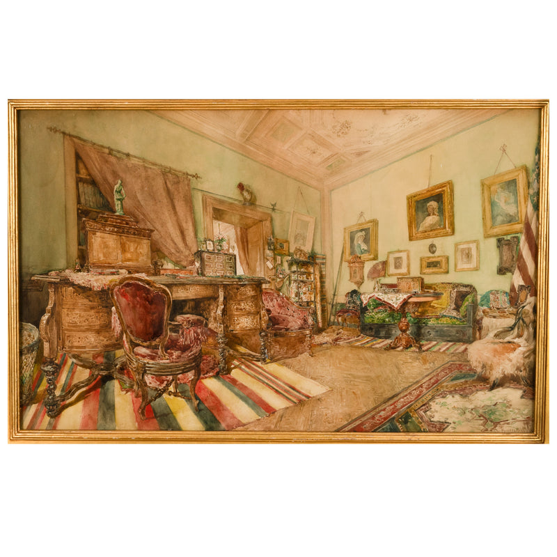 Fine Antique 19th Century Italian Watercolor Roman Interior Scene Painting by Daniele Bucciarelli  1880