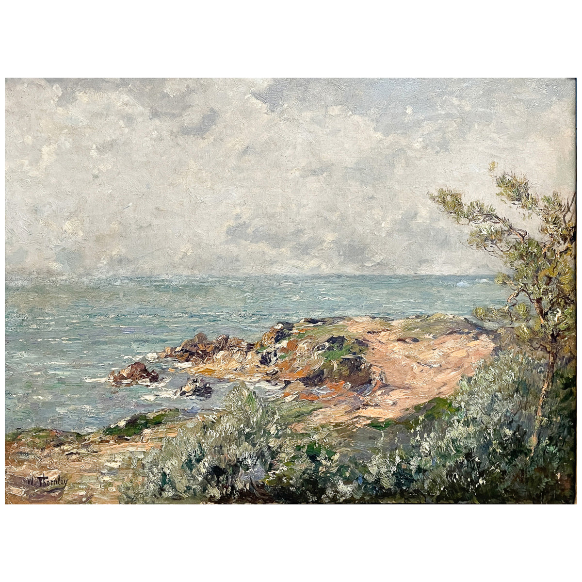 Antique French Impressionist Oil on Canvas Painting Sea Landscape Antibes France by William Georges Thornley 1888