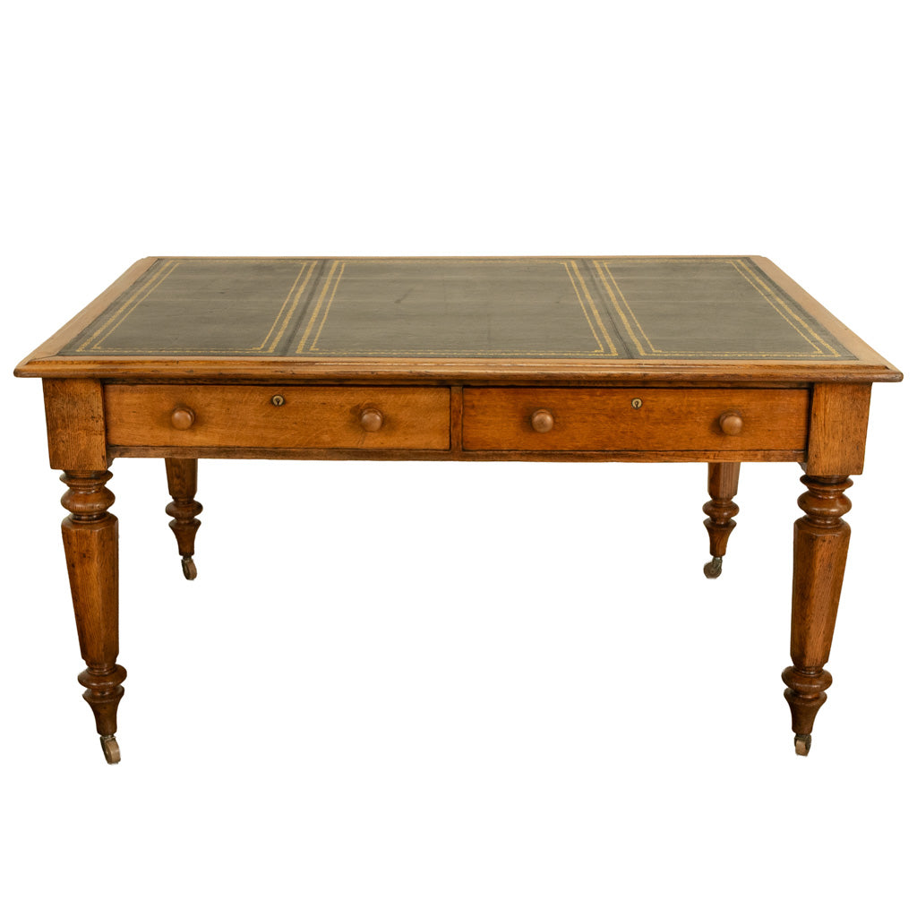 Antique English Oak & Leather Top Double-Sided Library Table Partner's Desk 1860