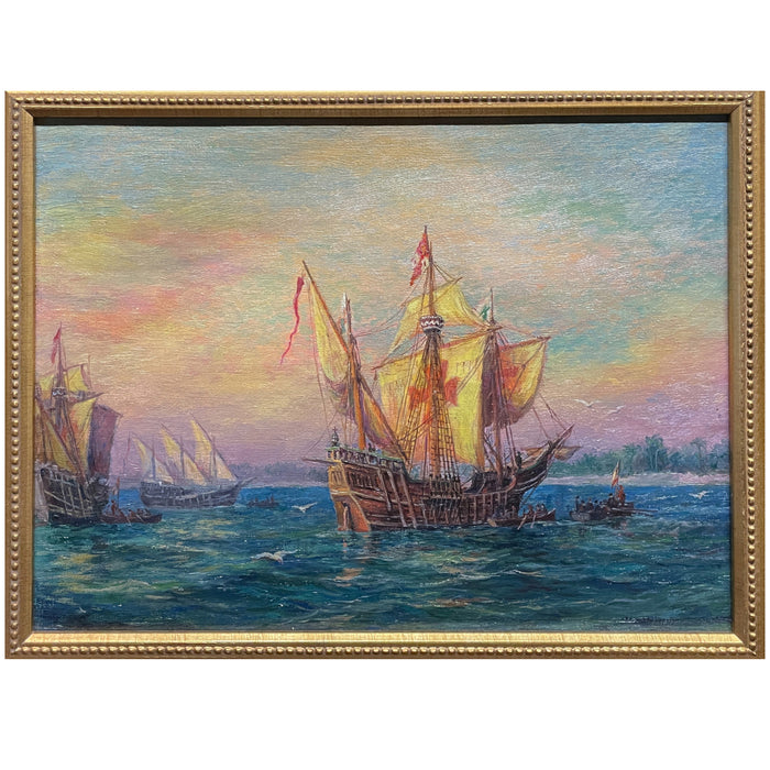 Antique American Nautical Ships Oil Painting "The Discovery" Jamestown Virginia by William Steeple Davis 1921