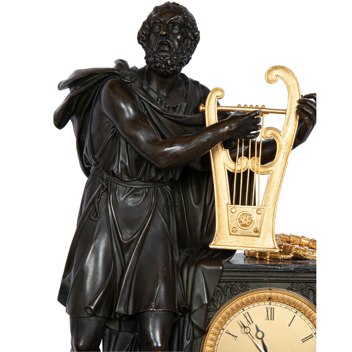 Antique French Empire Gilt Bronze & Marble Statue Clock of Homer by Ravrio 1810