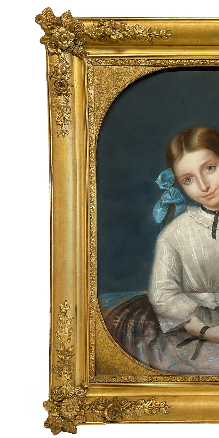 Antique 19th Century Swiss School Pastel Portrait Painting Beautiful Young Girl, Attributed to Albert Anker, Circa 1870