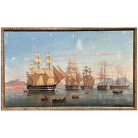 Antique Maritime Ships Oil Painting "British Fleet Bay of Naples"  by Tommaso De Simone, 1860