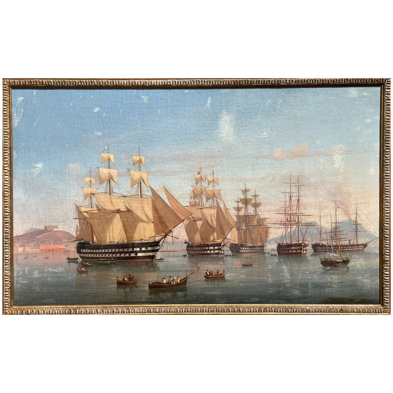 Antique Maritime Ships Oil Painting "British Fleet Bay of Naples"  by Tommaso De Simone, 1860