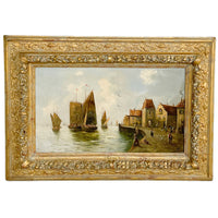 Pair Antique 19th Century Oil Canvas Paintings Dutch Marine Nautical Ships Seascapes by F. Lohse 1870