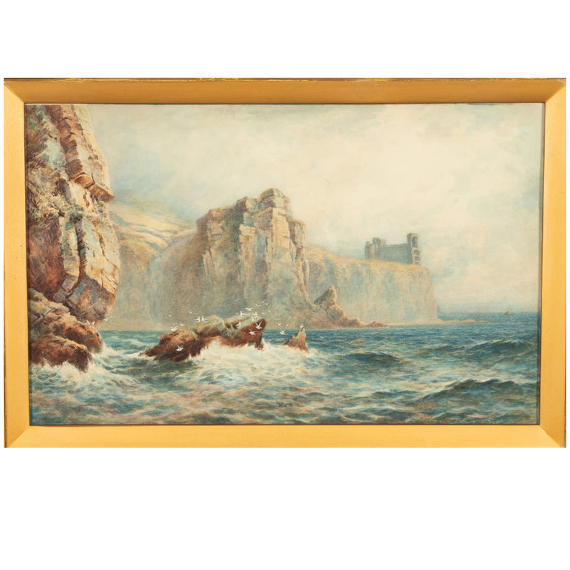 Antique Scottish Edinburgh Watercolor Painting Seascape "Dunollie Castle Oban" by William Wollard 1890