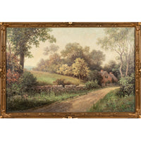 Antique American New England Summer Landscape Oil Canvas Painting Cottage Scene  by Milton H. Lowell  circa 1890