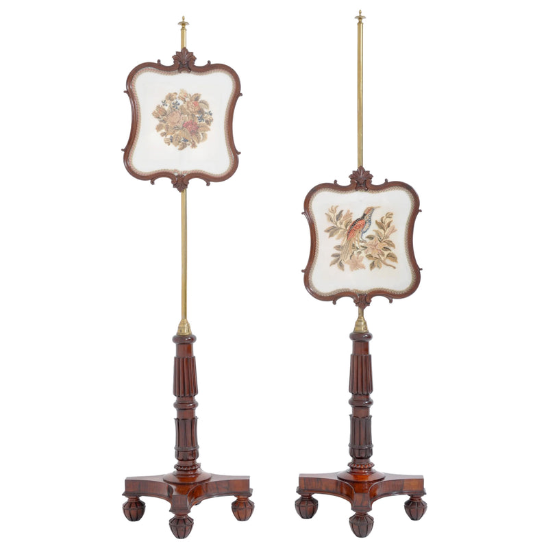 Pair of Antique 19th Century English William IV Brass and Rosewood Needlepoint Fire/Pole Screens, Circa 1830