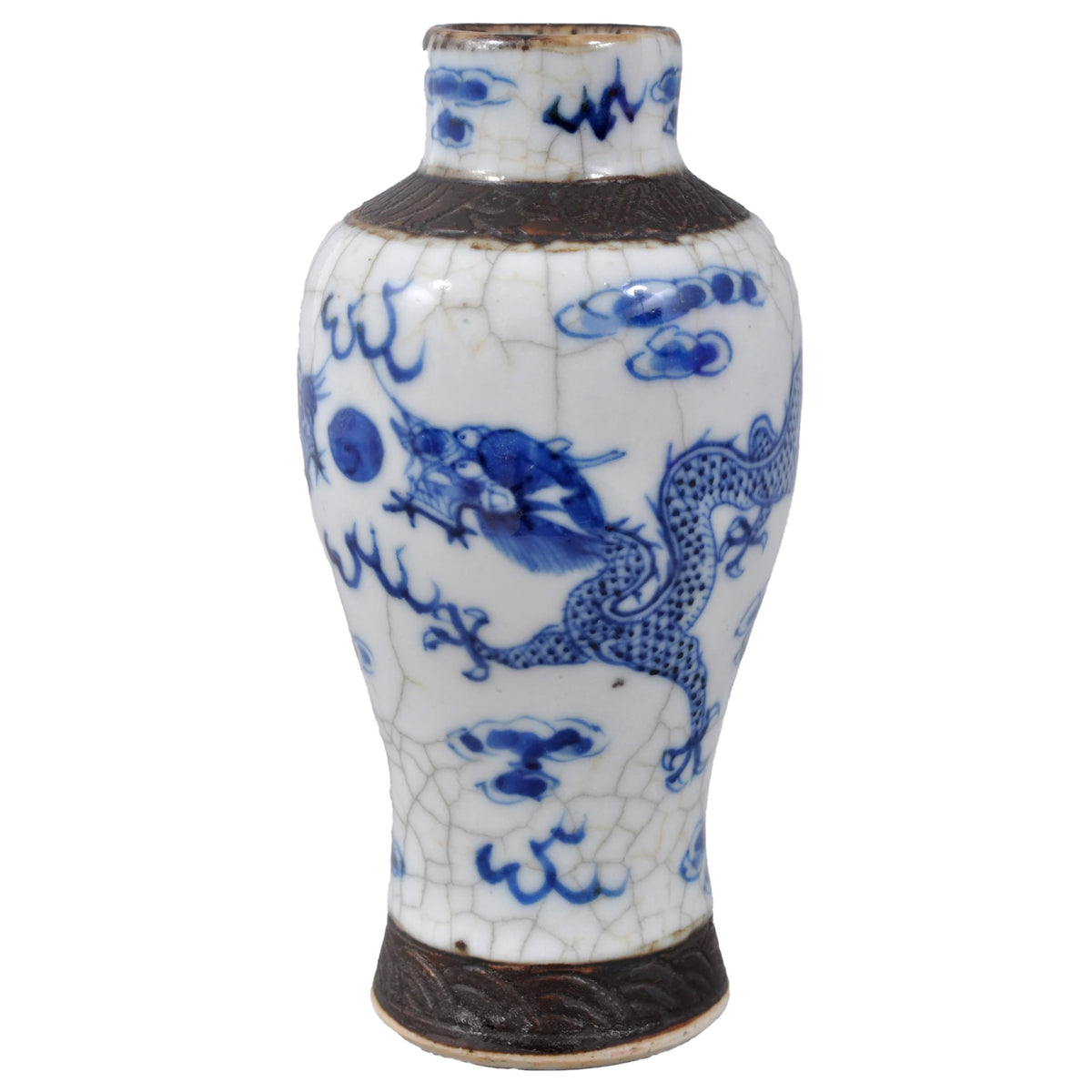 Antique 19th Century Chinese Qing Dynasty Blue and White Crackle-Glazed Vase, Circa 1850