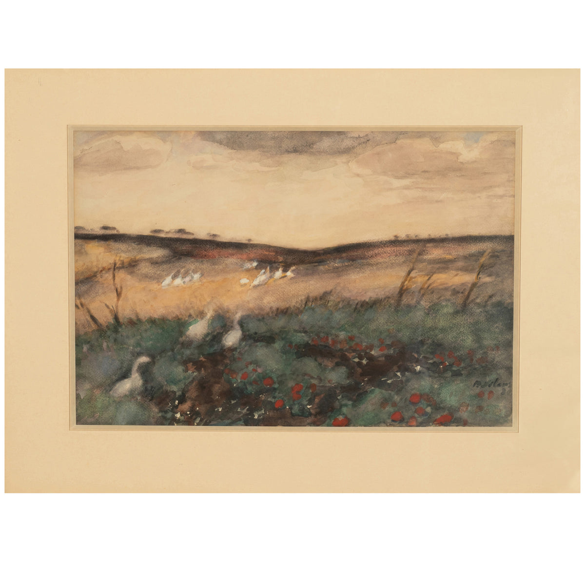 Russian French Impressionist Watercolor Gouache Landscape with Geese Painting by Pyotr Alexandrovich Nilus 1930