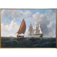 Antique 19th Century Maritime Seascape War Ship Oil Painting HMS Britannia by Robert Strickland Thomas, 1835