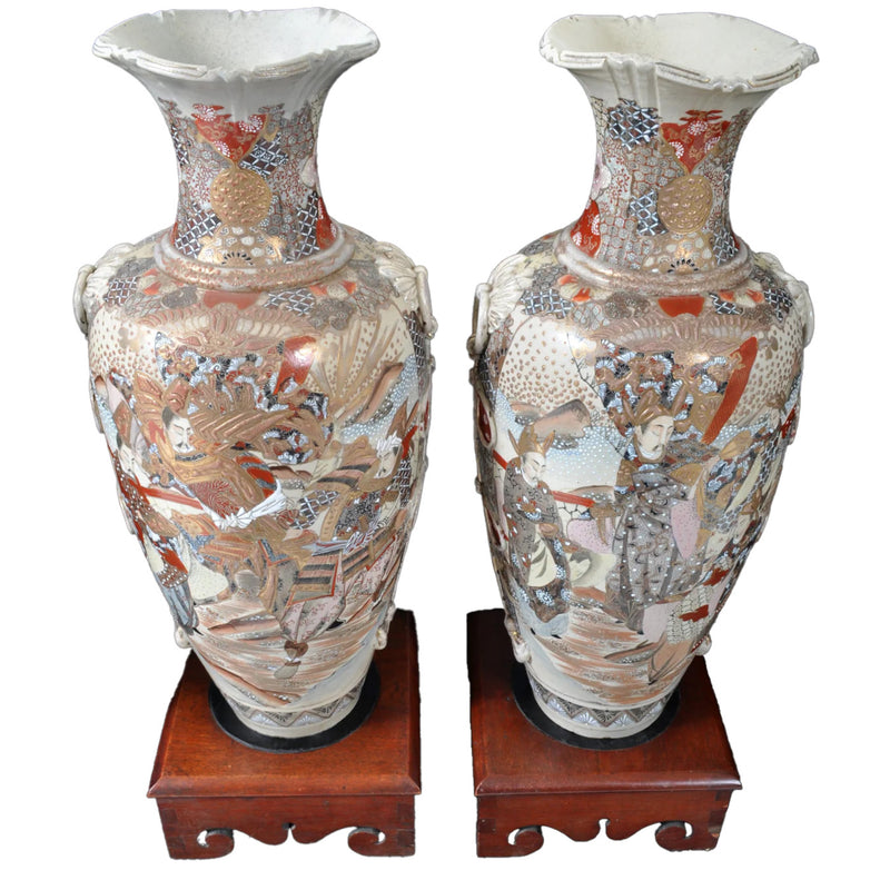 Pair of Monumental Antique Japanese Meiji Period Satsuma Pottery Vases & Stands Circa 1900